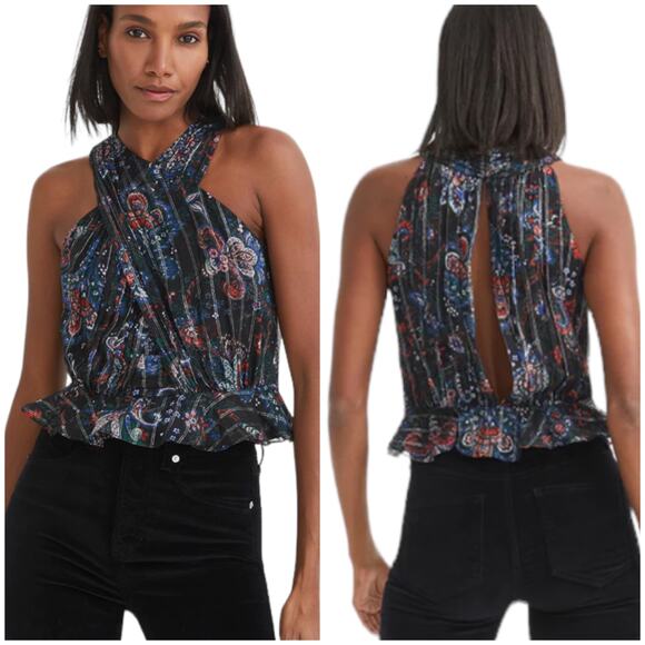 Veronica Beard NWT Kailani Silk Metallic Floral Halter Top Size 4 Back Slit - Picture 1 of 15